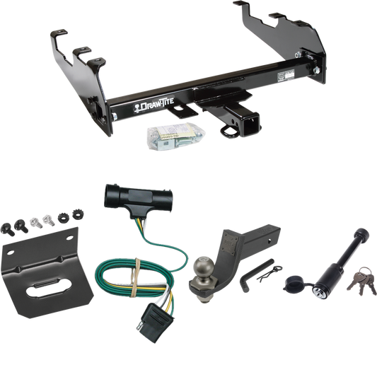 Fits 1979-1984 GMC K3500 Trailer Hitch Tow PKG w/ 4-Flat Wiring + Interlock Tactical Starter Kit w/ 3-1/4" Drop & 2" Ball + Tactical Dogbone Lock + Wiring Bracket (For w/Deep Drop Bumper Models) By Draw-Tite