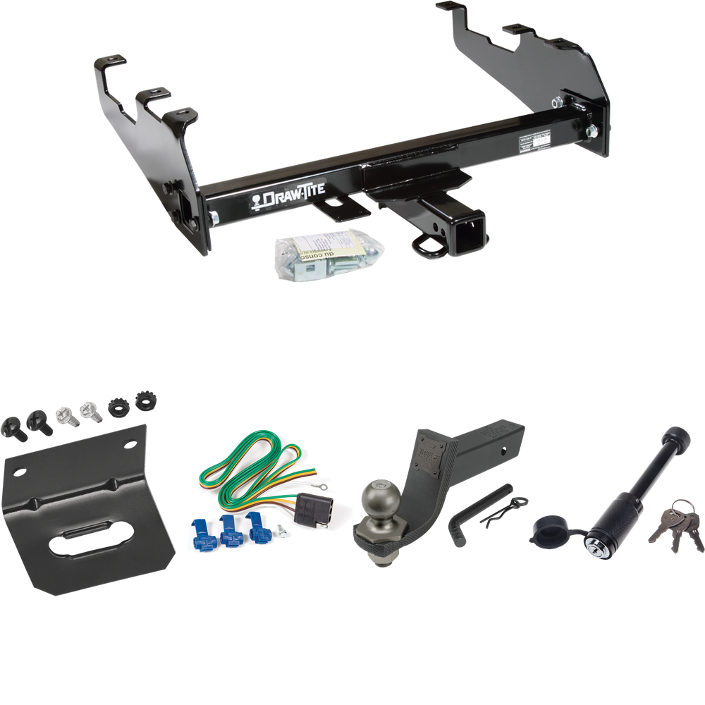 Fits 1967-1980 Dodge W300 Trailer Hitch Tow PKG w/ 4-Flat Wiring + Interlock Tactical Starter Kit w/ 3-1/4" Drop & 2" Ball + Tactical Dogbone Lock + Wiring Bracket (For w/Deep Drop Bumper Models) By Draw-Tite