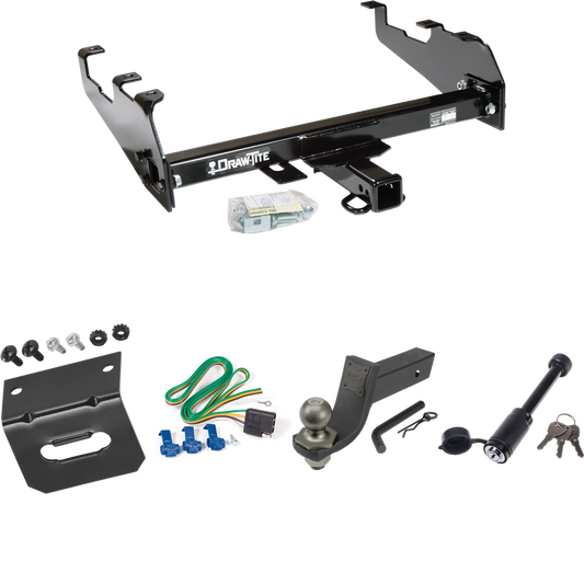 Fits 1967-1980 Dodge W300 Trailer Hitch Tow PKG w/ 4-Flat Wiring + Interlock Tactical Starter Kit w/ 3-1/4" Drop & 2" Ball + Tactical Dogbone Lock + Wiring Bracket (For w/Deep Drop Bumper Models) By Draw-Tite