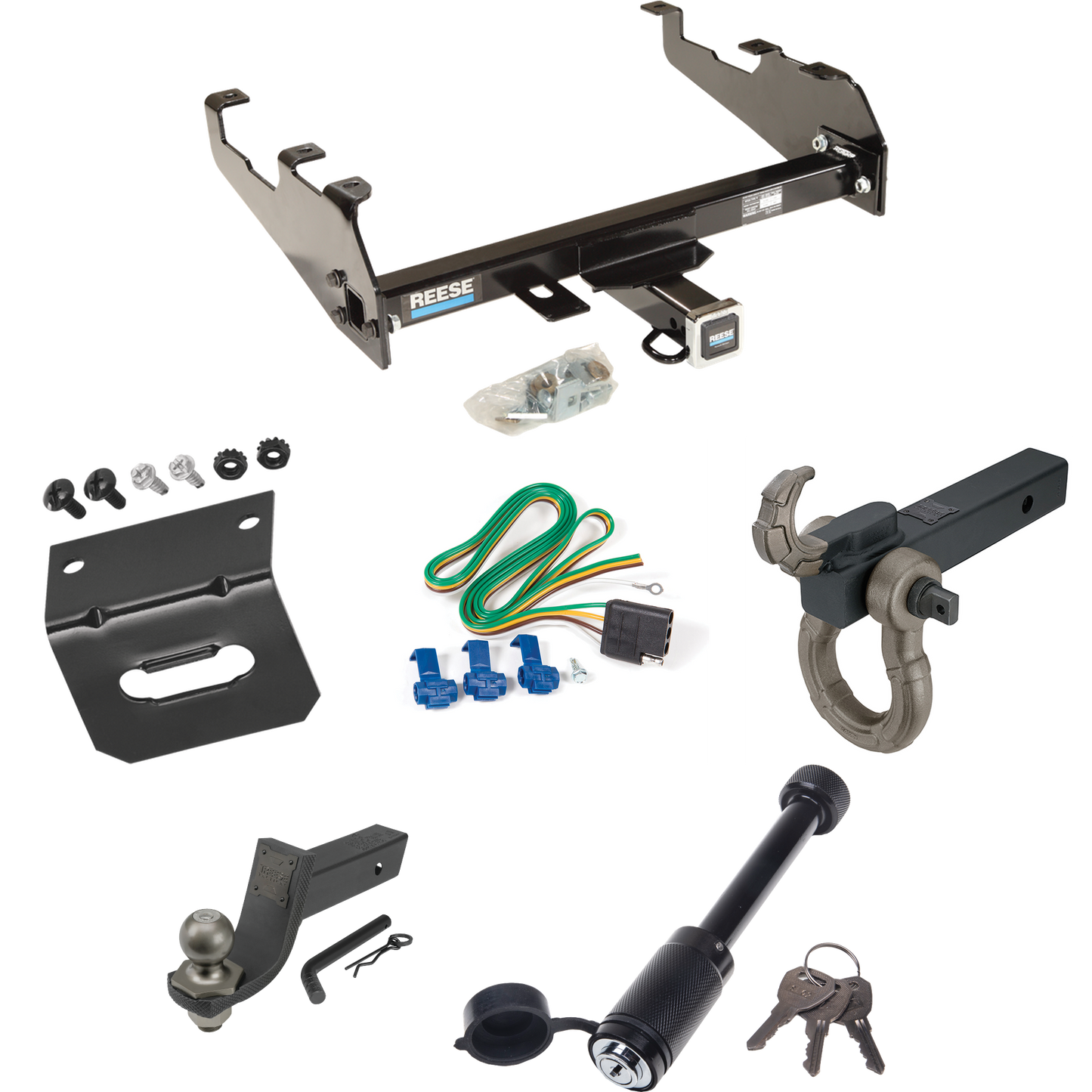 Fits 1986-1989 Dodge D100 Trailer Hitch Tow PKG w/ 4-Flat Wiring + Interlock Tactical Starter Kit w/ 3-1/4" Drop & 2" Ball + Tactical Hook & Shackle Mount + Tactical Dogbone Lock + Wiring Bracket (For w/Deep Drop Bumper Models) By Reese Towpower