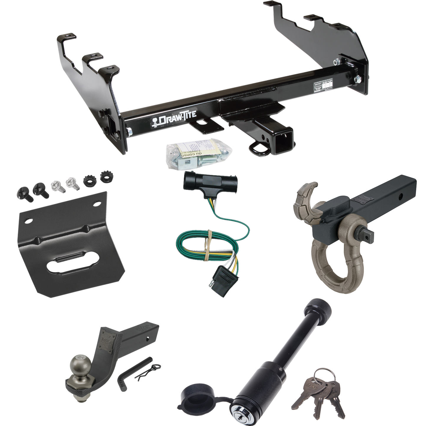 Fits 1973-1984 Chevrolet C30 Trailer Hitch Tow PKG w/ 4-Flat Wiring + Interlock Tactical Starter Kit w/ 3-1/4" Drop & 2" Ball + Tactical Hook & Shackle Mount + Tactical Dogbone Lock + Wiring Bracket (For w/Deep Drop Bumper Models) By Draw-Tite