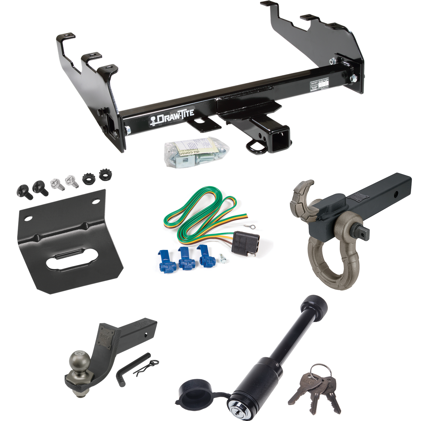 Fits 1985-1986 GMC C1500 Trailer Hitch Tow PKG w/ 4-Flat Wiring + Interlock Tactical Starter Kit w/ 3-1/4" Drop & 2" Ball + Tactical Hook & Shackle Mount + Tactical Dogbone Lock + Wiring Bracket (For w/Deep Drop Bumper Models) By Draw-Tite