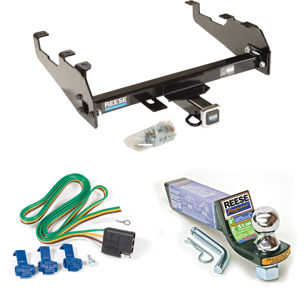 Fits 1999-2000 Ford F-350 Super Duty Trailer Hitch Tow PKG w/ 4-Flat Wiring + Starter Kit Ball Mount w/ 2" Drop & 1-7/8" Ball (For Cab & Chassis, w/34" Wide Frames & w/Deep Drop Bumper Models) By Reese Towpower
