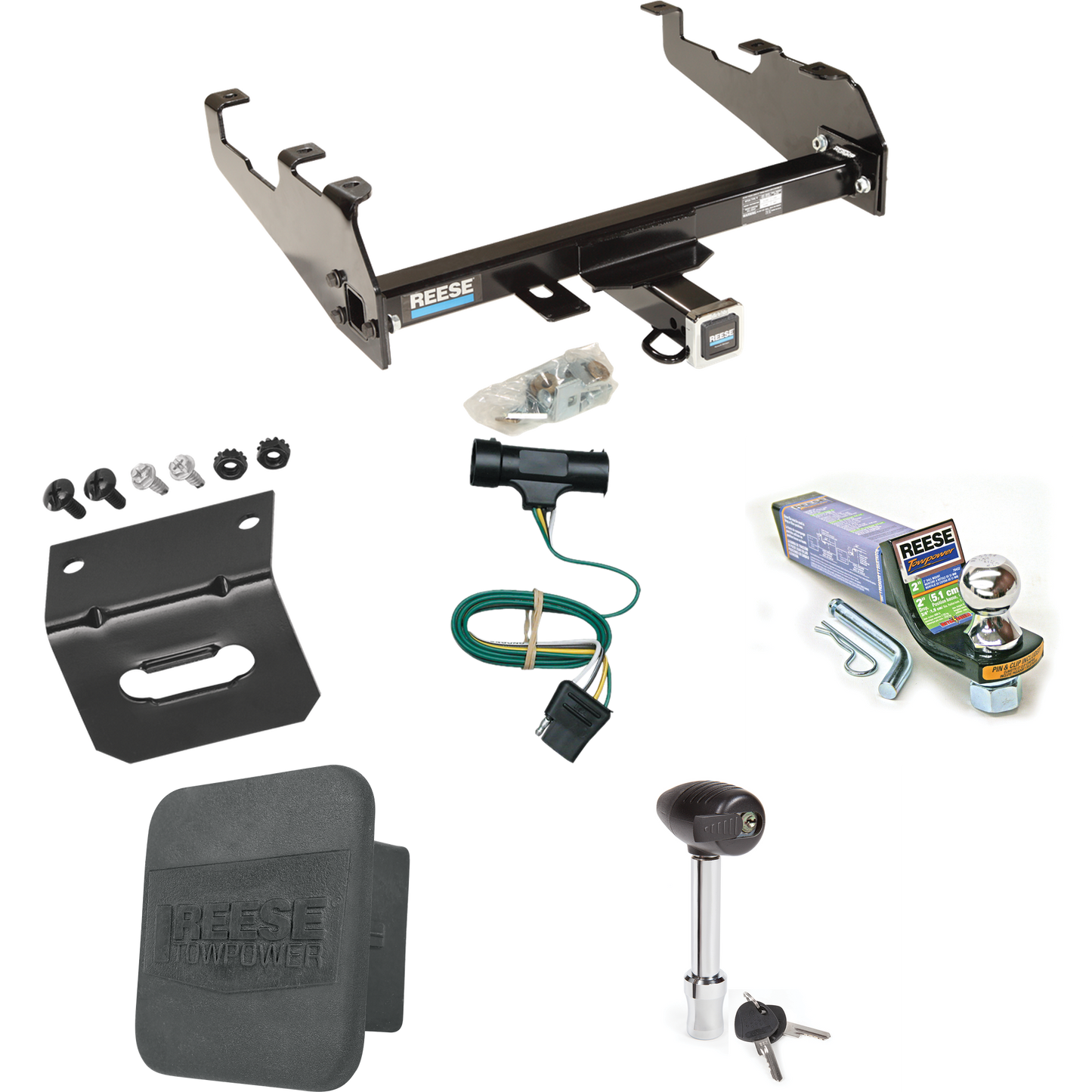 Fits 1979-1984 GMC C3500 Trailer Hitch Tow PKG w/ 4-Flat Wiring + Starter Kit Ball Mount w/ 2" Drop & 1-7/8" Ball + Wiring Bracket + Hitch Lock + Hitch Cover (For w/Deep Drop Bumper Models) By Reese Towpower