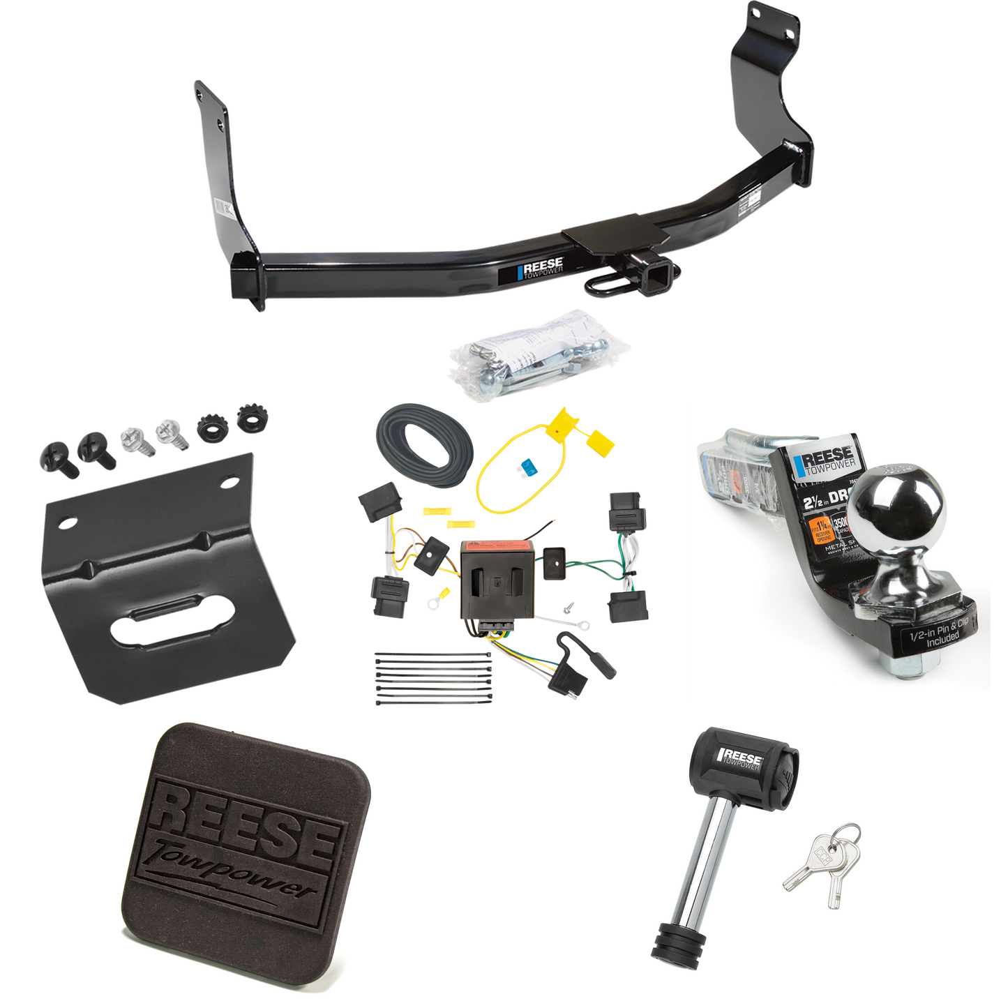 Fits 2008-2012 Ford Escape Trailer Hitch Tow PKG w/ 4-Flat Wiring Harness + Interlock Starter Kit w/ 2" Ball 2-1/2" Drop 2" Rise + Wiring Bracket + Hitch Cover + Hitch Lock By Reese Towpower