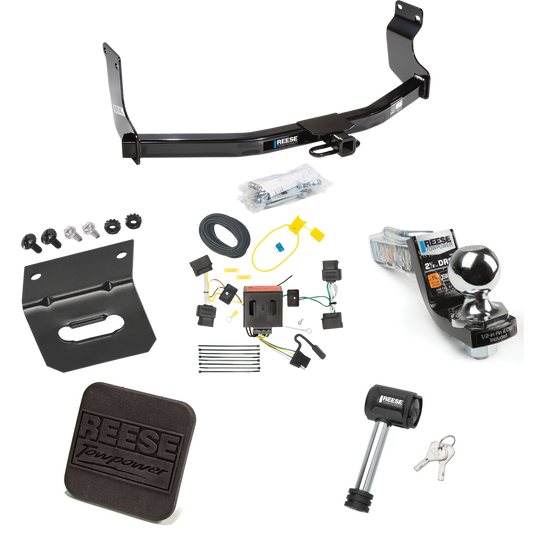 Fits 2008-2012 Ford Escape Trailer Hitch Tow PKG w/ 4-Flat Wiring Harness + Interlock Starter Kit w/ 2" Ball 2-1/2" Drop 2" Rise + Wiring Bracket + Hitch Cover + Hitch Lock By Reese Towpower