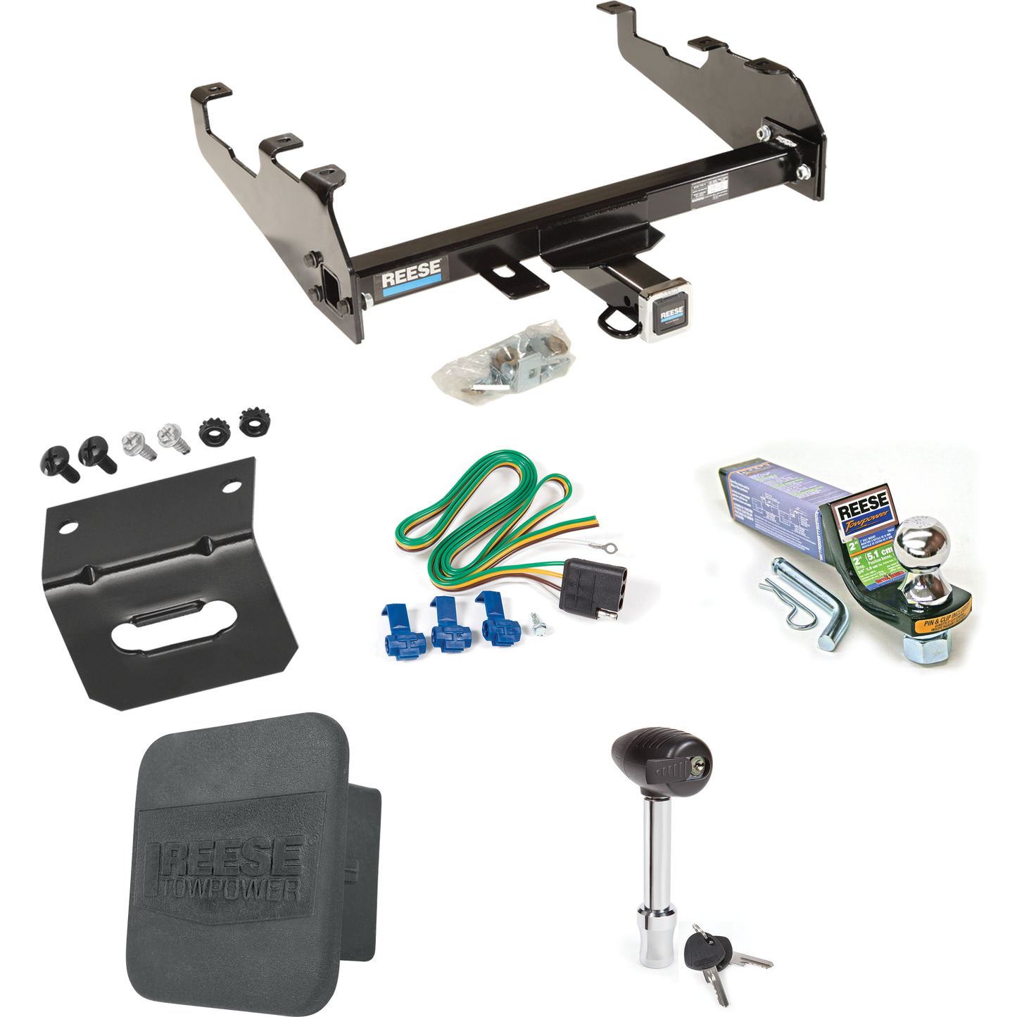 Fits 1977-1993 Dodge D150 Trailer Hitch Tow PKG w/ 4-Flat Wiring + Starter Kit Ball Mount w/ 2" Drop & 1-7/8" Ball + Wiring Bracket + Hitch Lock + Hitch Cover (For w/Deep Drop Bumper Models) By Reese Towpower