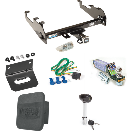 Fits 1977-1993 Dodge D150 Trailer Hitch Tow PKG w/ 4-Flat Wiring + Starter Kit Ball Mount w/ 2" Drop & 1-7/8" Ball + Wiring Bracket + Hitch Lock + Hitch Cover (For w/Deep Drop Bumper Models) By Reese Towpower