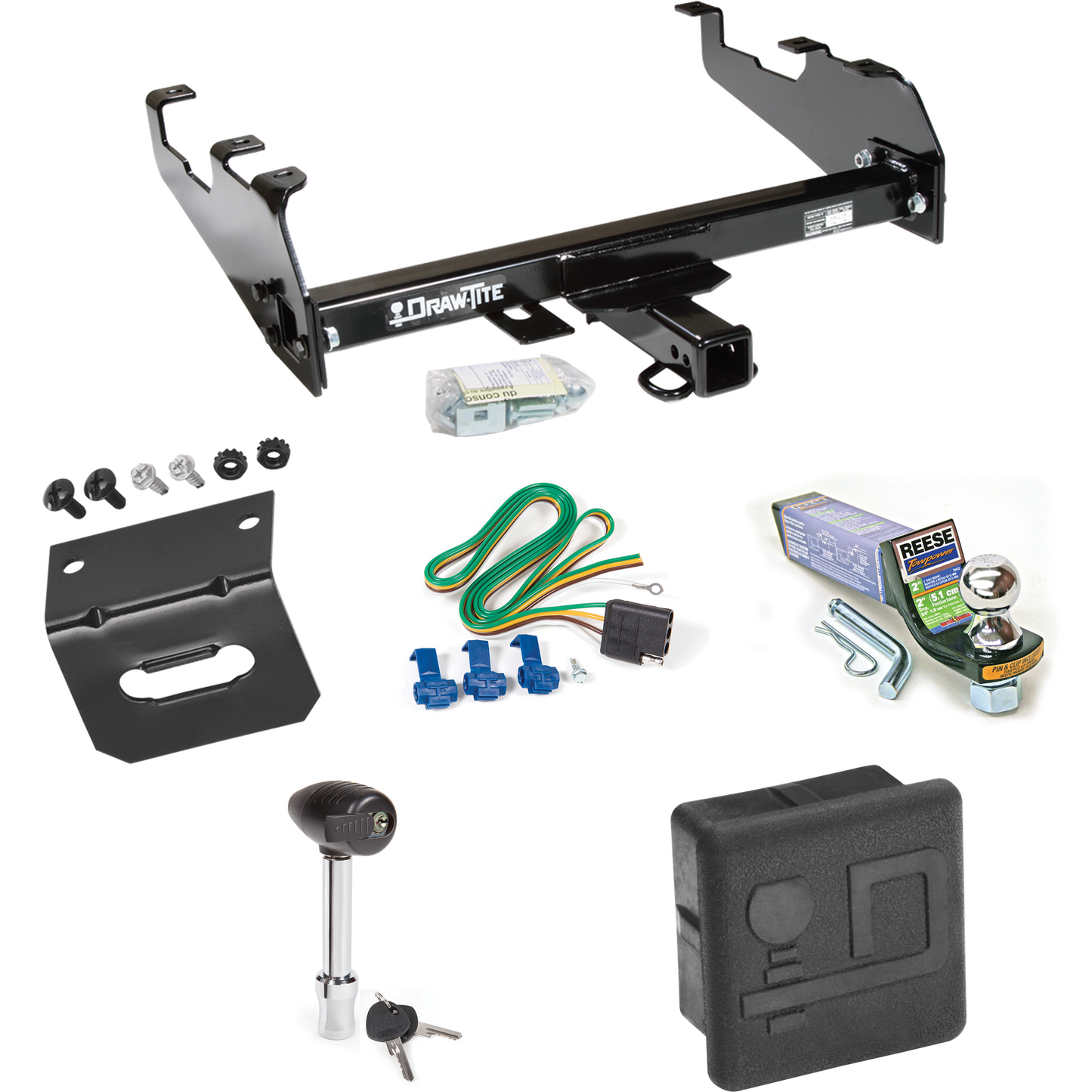 Fits 1967-1980 Dodge W200 Trailer Hitch Tow PKG w/ 4-Flat Wiring + Starter Kit Ball Mount w/ 2" Drop & 1-7/8" Ball + Wiring Bracket + Hitch Lock + Hitch Cover (For w/Deep Drop Bumper Models) By Draw-Tite