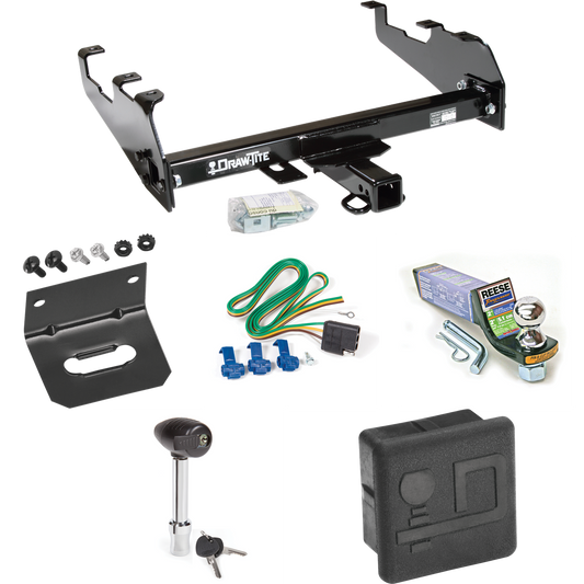 Fits 1967-1980 Dodge W200 Trailer Hitch Tow PKG w/ 4-Flat Wiring + Starter Kit Ball Mount w/ 2" Drop & 1-7/8" Ball + Wiring Bracket + Hitch Lock + Hitch Cover (For w/Deep Drop Bumper Models) By Draw-Tite