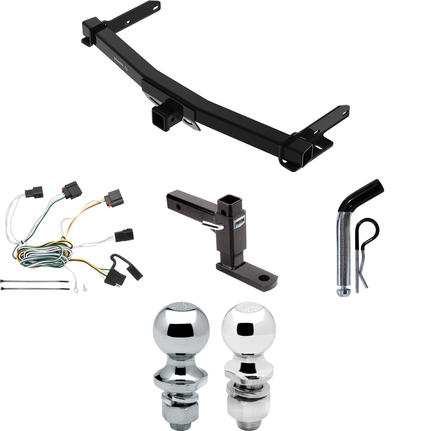 Fits 2011-2013 Jeep Grand Cherokee Trailer Hitch Tow PKG w/ 4-Flat Wiring + Adjustable Drop Rise Ball Mount + Pin/Clip + 2" Ball + 1-7/8" Ball (For w/Removable OEM Fascia Panel Only Models) By Draw-Tite