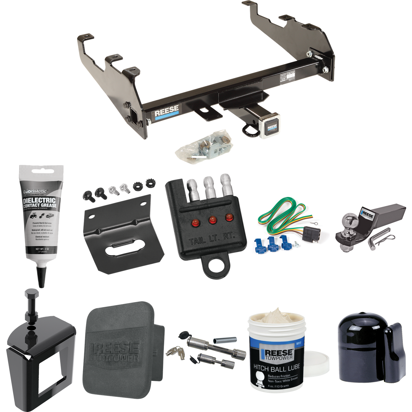 Fits 1980-1983 Ford F-100 Trailer Hitch Tow PKG w/ 4-Flat Wiring + Starter Kit Ball Mount w/ 2" Drop & 2" Ball + 1-7/8" Ball + Wiring Bracket + Dual Hitch & Coupler Locks + Hitch Cover + Wiring Tester + Ball Lube + Electric Grease + Ball Wrench + Ant