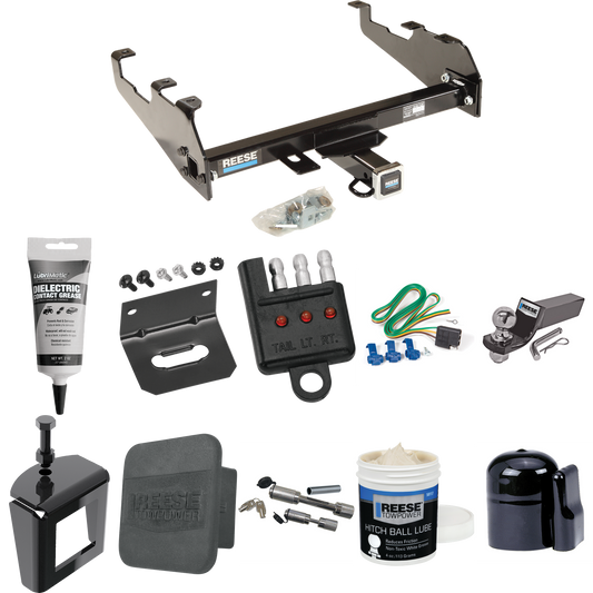 Fits 1980-1983 Ford F-100 Trailer Hitch Tow PKG w/ 4-Flat Wiring + Starter Kit Ball Mount w/ 2" Drop & 2" Ball + 1-7/8" Ball + Wiring Bracket + Dual Hitch & Coupler Locks + Hitch Cover + Wiring Tester + Ball Lube + Electric Grease + Ball Wrench + Ant