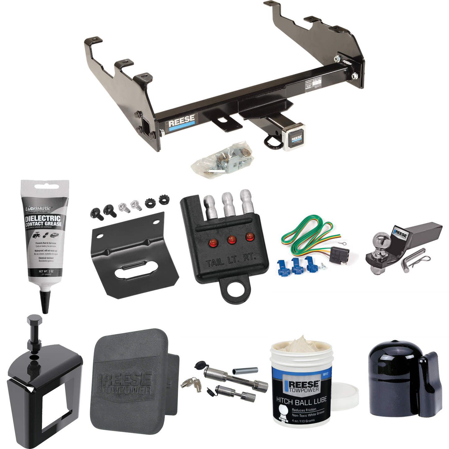 Fits 1999-2000 Ford F-350 Super Duty Trailer Hitch Tow PKG w/ 4-Flat Wiring + Starter Kit Ball Mount w/ 2" Drop & 2" Ball + 1-7/8" Ball + Wiring Bracket + Dual Hitch & Coupler Locks + Hitch Cover + Wiring Tester + Ball Lube + Electric Grease + Ball W