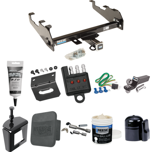 Fits 1999-2000 Ford F-350 Super Duty Trailer Hitch Tow PKG w/ 4-Flat Wiring + Starter Kit Ball Mount w/ 2" Drop & 2" Ball + 1-7/8" Ball + Wiring Bracket + Dual Hitch & Coupler Locks + Hitch Cover + Wiring Tester + Ball Lube + Electric Grease + Ball W