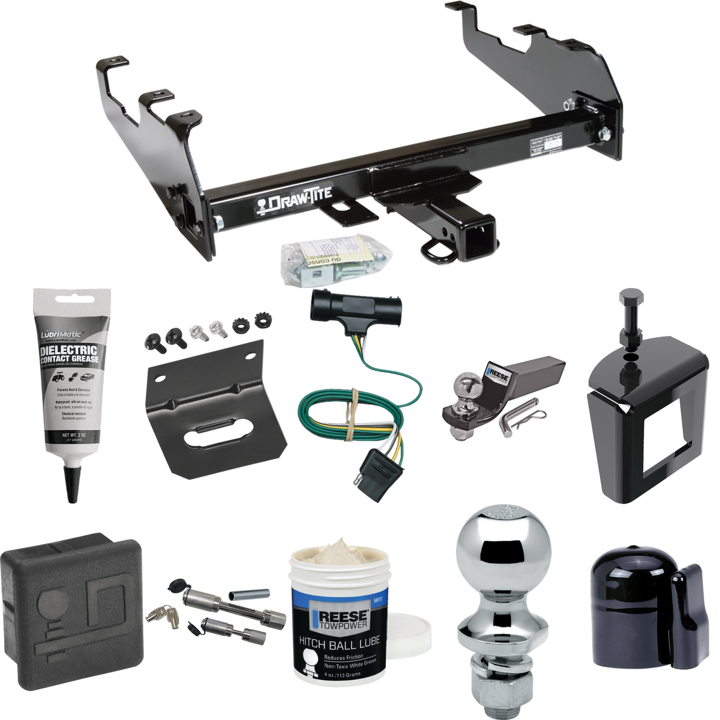 Fits 1973-1984 Chevrolet K10 Trailer Hitch Tow PKG w/ 4-Flat Wiring + Starter Kit Ball Mount w/ 2" Drop & 2" Ball + 1-7/8" Ball + Wiring Bracket + Dual Hitch & Coupler Locks + Hitch Cover + Wiring Tester + Ball Lube +Electric Grease + Ball Wrench + A