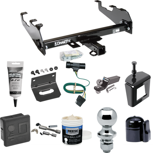 Fits 1973-1984 Chevrolet K10 Trailer Hitch Tow PKG w/ 4-Flat Wiring + Starter Kit Ball Mount w/ 2" Drop & 2" Ball + 1-7/8" Ball + Wiring Bracket + Dual Hitch & Coupler Locks + Hitch Cover + Wiring Tester + Ball Lube +Electric Grease + Ball Wrench + A