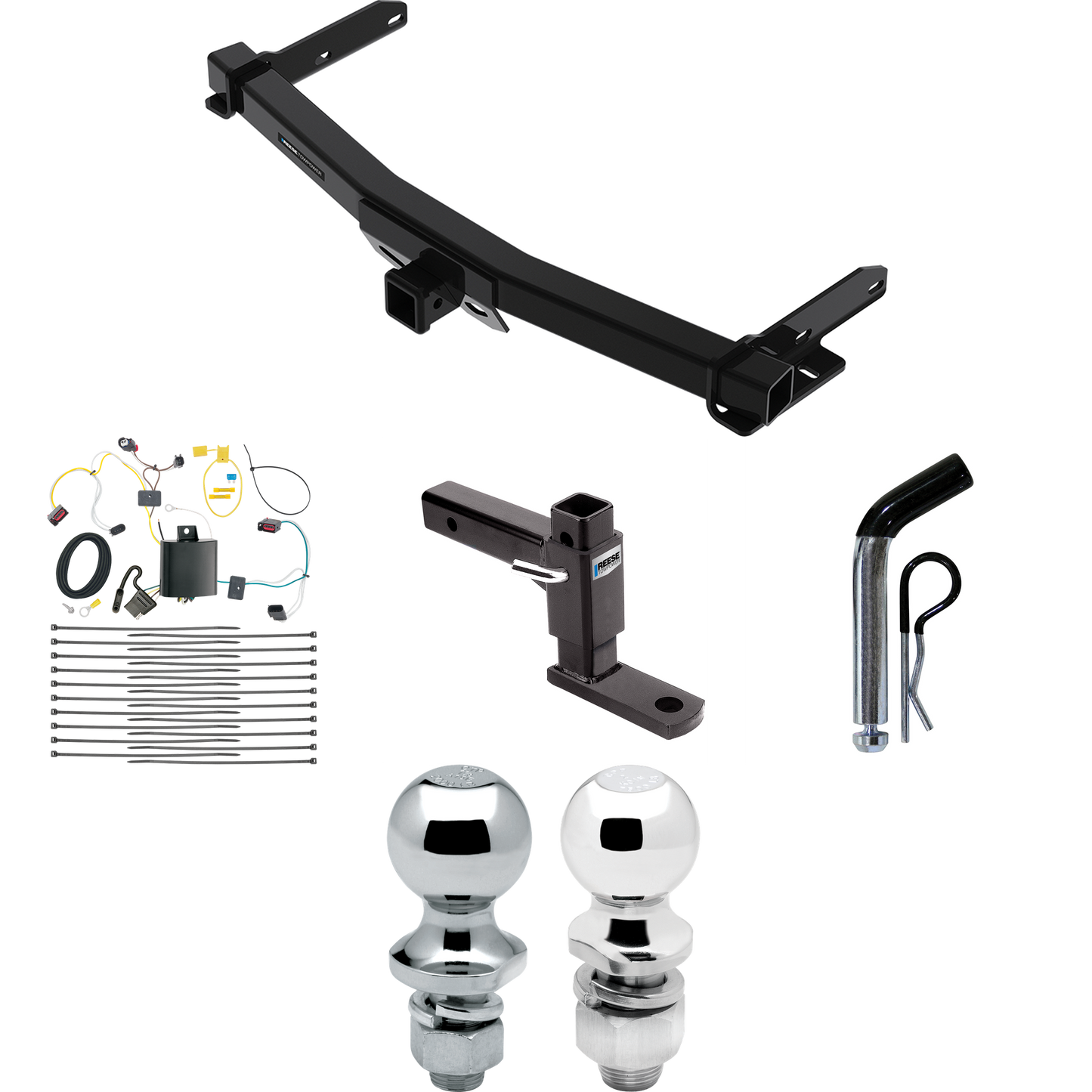 Fits 2014-2021 Jeep Grand Cherokee Trailer Hitch Tow PKG w/ 4-Flat Wiring + Adjustable Drop Rise Ball Mount + Pin/Clip + 2" Ball + 1-7/8" Ball (For w/Removable OEM Fascia Panel Only Models) By Reese Towpower