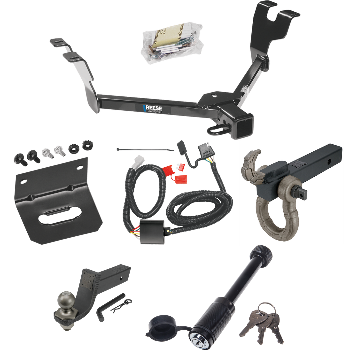 Fits 2005-2007 Subaru Legacy Trailer Hitch Tow PKG w/ 4-Flat Wiring + Interlock Tactical Starter Kit w/ 3-1/4" Drop & 2" Ball + Tactical Hook & Shackle Mount + Tactical Dogbone Lock + Wiring Bracket (For Sedan, Except Outback Models) By Reese Towpowe