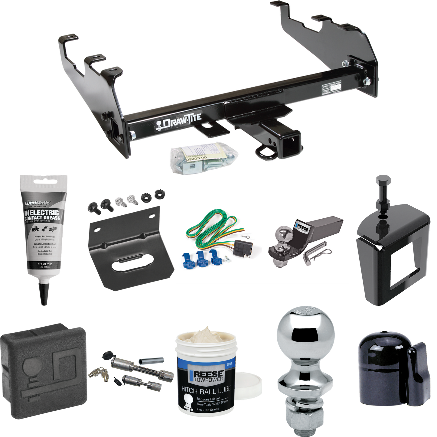 Fits 1986-1989 Dodge W100 Trailer Hitch Tow PKG w/ 4-Flat Wiring + Starter Kit Ball Mount w/ 2" Drop & 2" Ball + 1-7/8" Ball + Wiring Bracket + Dual Hitch & Coupler Locks + Hitch Cover + Wiring Tester + Ball Lube +Electric Grease + Ball Wrench + Anti