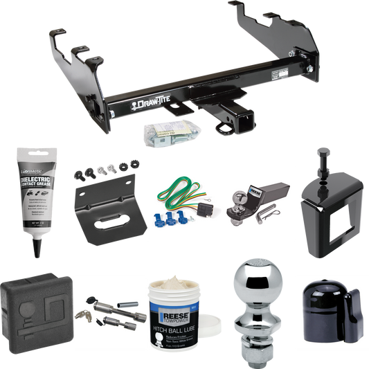 Fits 1986-1989 Dodge W100 Trailer Hitch Tow PKG w/ 4-Flat Wiring + Starter Kit Ball Mount w/ 2" Drop & 2" Ball + 1-7/8" Ball + Wiring Bracket + Dual Hitch & Coupler Locks + Hitch Cover + Wiring Tester + Ball Lube +Electric Grease + Ball Wrench + Anti