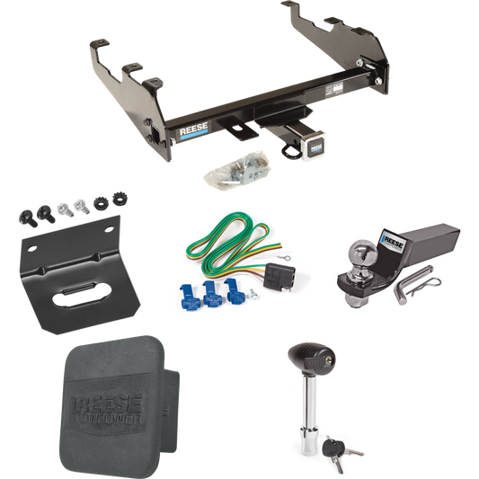 Fits 1986-1989 Dodge D100 Trailer Hitch Tow PKG w/ 4-Flat Wiring + Starter Kit Ball Mount w/ 2" Drop & 2" Ball + 1-7/8" Ball + Wiring Bracket + Hitch Lock + Hitch Cover (For w/Deep Drop Bumper Models) By Reese Towpower