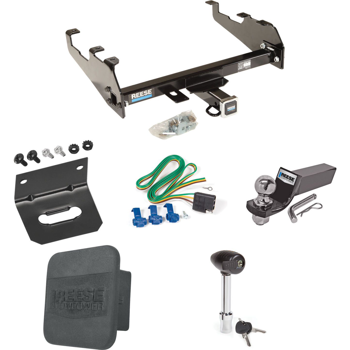 Fits 1985-1986 GMC C1500 Trailer Hitch Tow PKG w/ 4-Flat Wiring + Starter Kit Ball Mount w/ 2" Drop & 2" Ball + 1-7/8" Ball + Wiring Bracket + Hitch Lock + Hitch Cover (For w/Deep Drop Bumper Models) By Reese Towpower