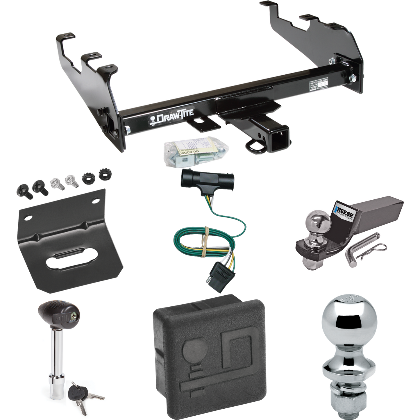 Fits 1979-1984 GMC C2500 Trailer Hitch Tow PKG w/ 4-Flat Wiring + Starter Kit Ball Mount w/ 2" Drop & 2" Ball + 1-7/8" Ball + Wiring Bracket + Hitch Lock + Hitch Cover (For w/Deep Drop Bumper Models) By Draw-Tite