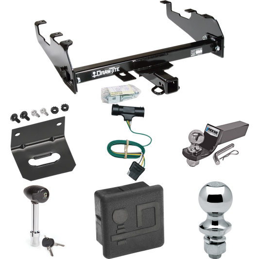 Fits 1979-1984 GMC C2500 Trailer Hitch Tow PKG w/ 4-Flat Wiring + Starter Kit Ball Mount w/ 2" Drop & 2" Ball + 1-7/8" Ball + Wiring Bracket + Hitch Lock + Hitch Cover (For w/Deep Drop Bumper Models) By Draw-Tite