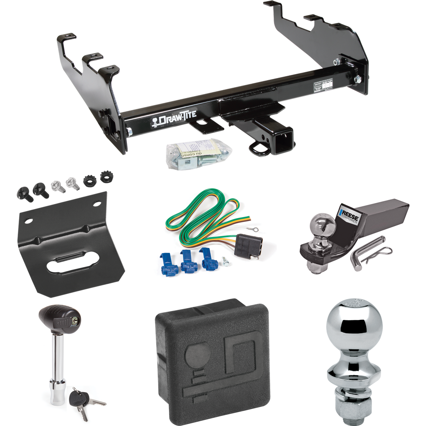 Fits 1994-1994 Dodge Ram 2500 Trailer Hitch Tow PKG w/ 4-Flat Wiring + Starter Kit Ball Mount w/ 2" Drop & 2" Ball + 1-7/8" Ball + Wiring Bracket + Hitch Lock + Hitch Cover (For w/Deep Drop Bumper Models) By Draw-Tite