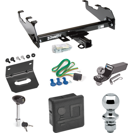 Fits 1994-1994 Dodge Ram 2500 Trailer Hitch Tow PKG w/ 4-Flat Wiring + Starter Kit Ball Mount w/ 2" Drop & 2" Ball + 1-7/8" Ball + Wiring Bracket + Hitch Lock + Hitch Cover (For w/Deep Drop Bumper Models) By Draw-Tite