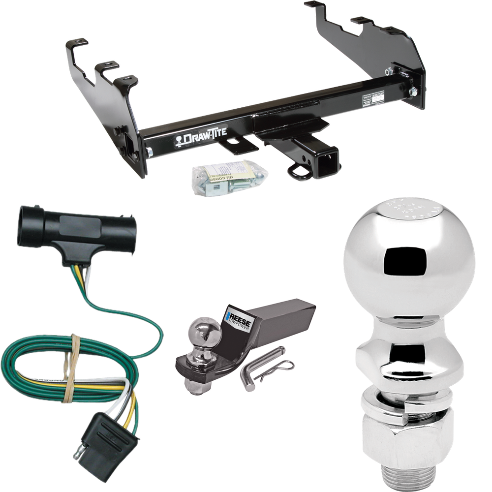 Fits 1973-1984 Chevrolet C30 Trailer Hitch Tow PKG w/ 4-Flat Wiring + Starter Kit Ball Mount w/ 2" Drop & 2" Ball + 2-5/16" Ball (For w/Deep Drop Bumper Models) By Draw-Tite