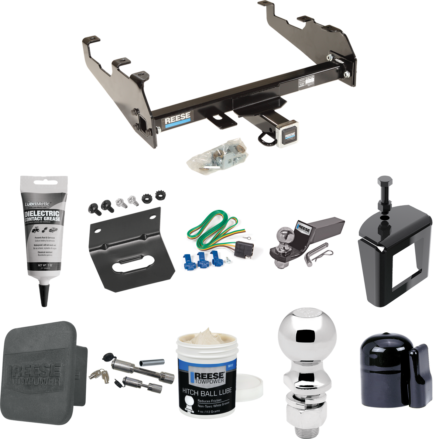 Fits 1963-1966 GMC 3000 Trailer Hitch Tow PKG w/ 4-Flat Wiring + Starter Kit Ball Mount w/ 2" Drop & 2" Ball + 2-5/16" Ball + Wiring Bracket + Dual Hitch & Coupler Locks + Hitch Cover + Wiring Tester + Ball Lube +Electric Grease + Ball Wrench + Anti