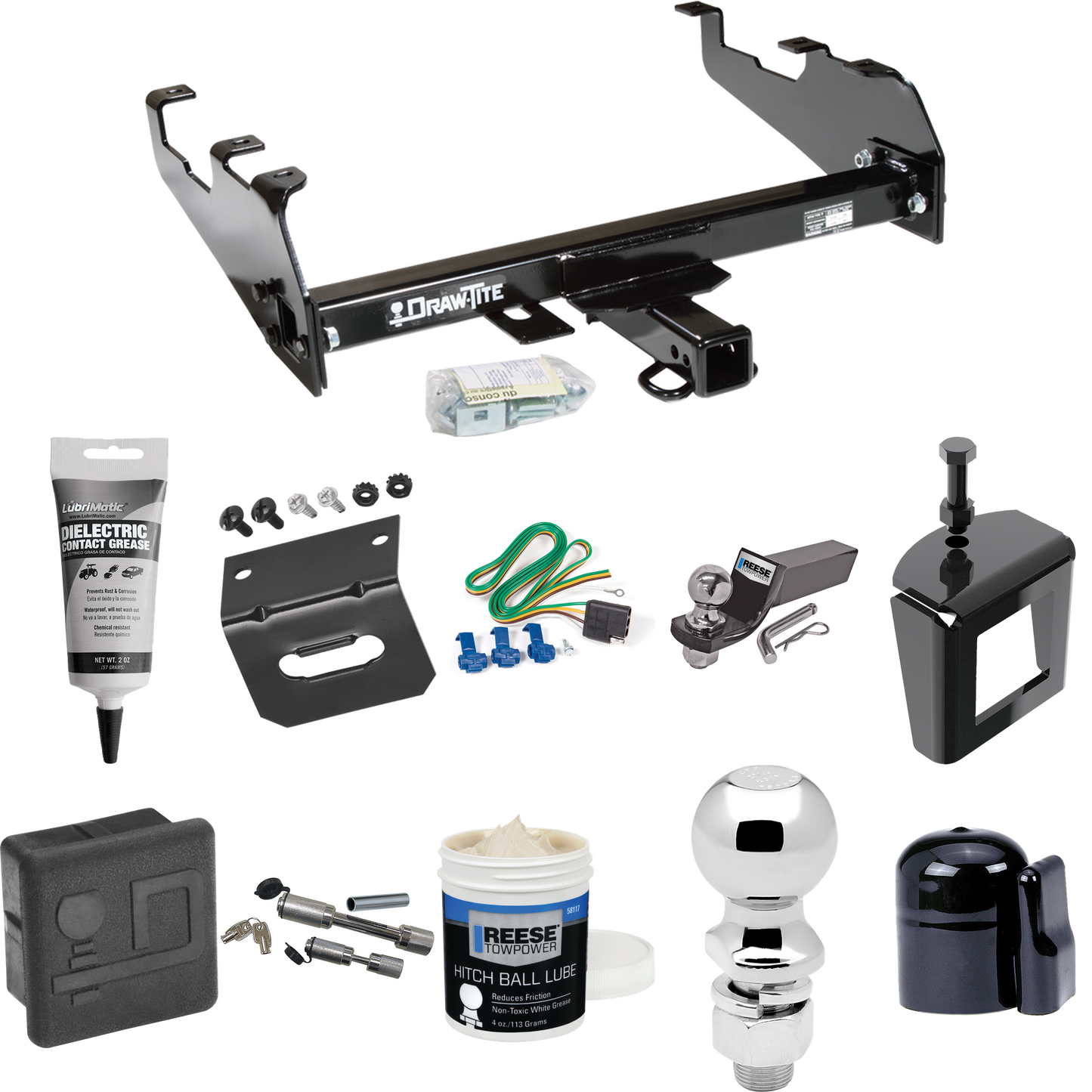 Fits 1985-1986 Chevrolet K10 Trailer Hitch Tow PKG w/ 4-Flat Wiring + Starter Kit Ball Mount w/ 2" Drop & 2" Ball + 2-5/16" Ball + Wiring Bracket + Dual Hitch & Coupler Locks + Hitch Cover + Wiring Tester + Ball Lube +Electric Grease + Ball Wrench +