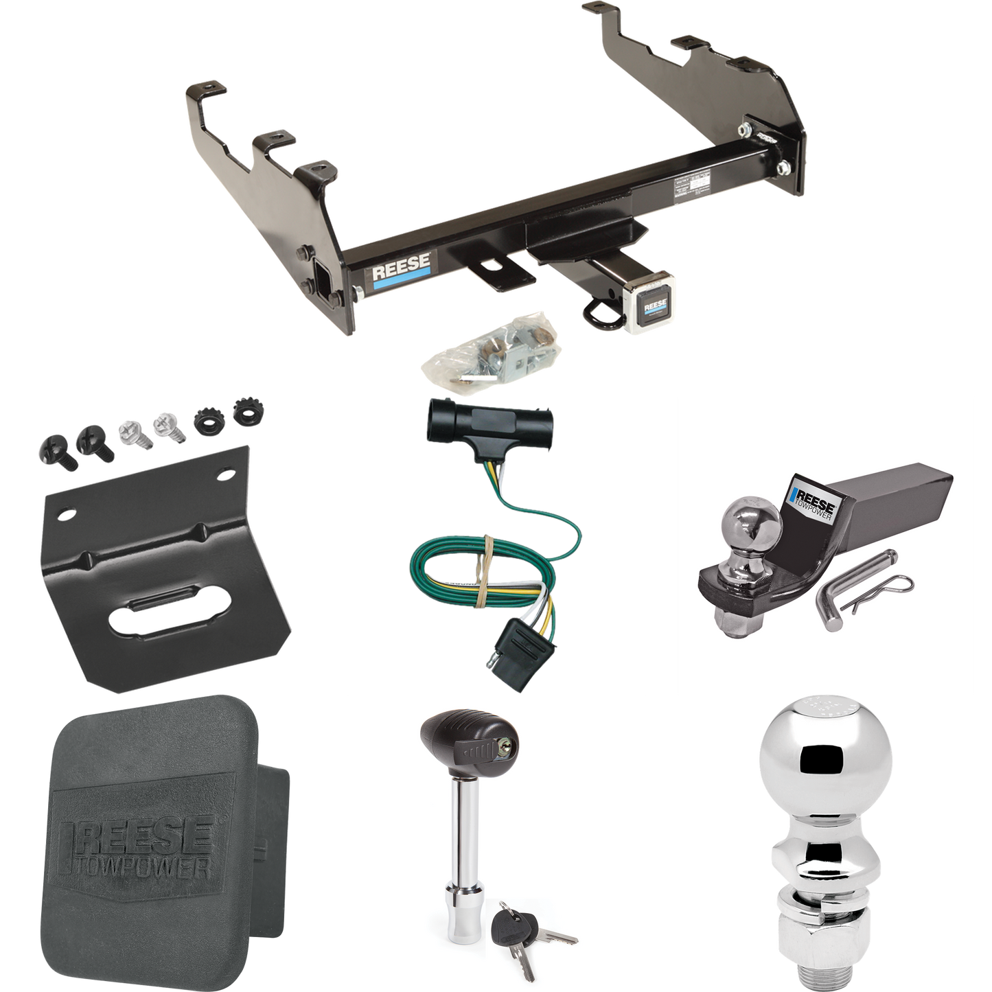 Fits 1973-1984 Chevrolet C10 Trailer Hitch Tow PKG w/ 4-Flat Wiring + Starter Kit Ball Mount w/ 2" Drop & 2" Ball + 2-5/16" Ball + Wiring Bracket + Hitch Lock + Hitch Cover (For w/Deep Drop Bumper Models) By Reese Towpower