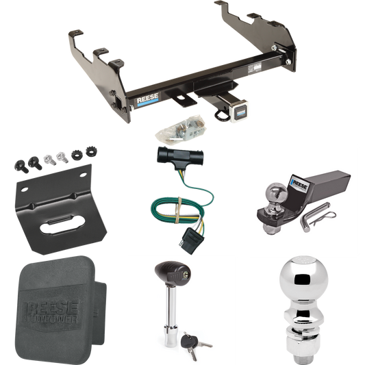 Fits 1973-1984 Chevrolet C10 Trailer Hitch Tow PKG w/ 4-Flat Wiring + Starter Kit Ball Mount w/ 2" Drop & 2" Ball + 2-5/16" Ball + Wiring Bracket + Hitch Lock + Hitch Cover (For w/Deep Drop Bumper Models) By Reese Towpower