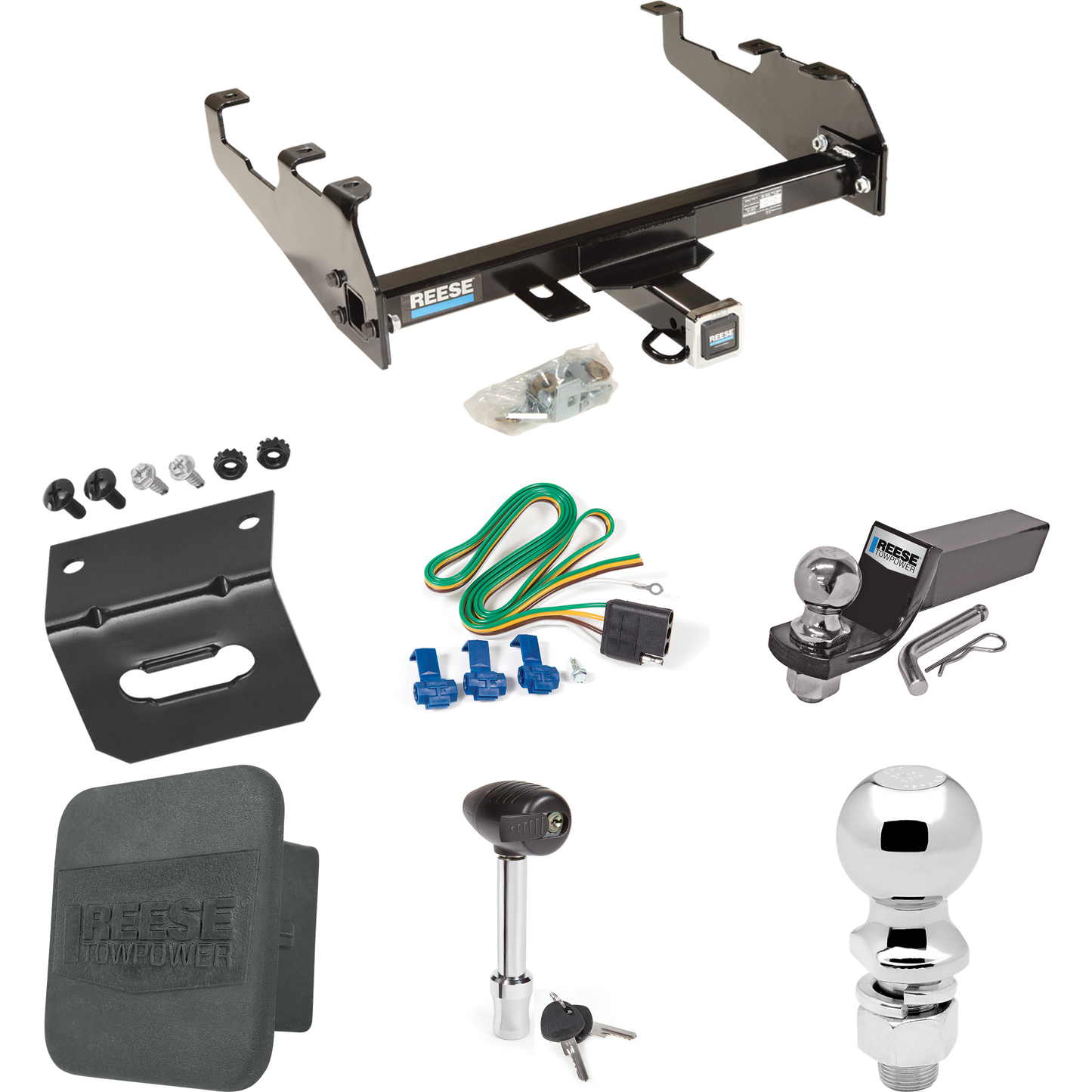 Fits 1968-1980 Dodge D200 Trailer Hitch Tow PKG w/ 4-Flat Wiring + Starter Kit Ball Mount w/ 2" Drop & 2" Ball + 2-5/16" Ball + Wiring Bracket + Hitch Lock + Hitch Cover (For w/Deep Drop Bumper Models) By Reese Towpower