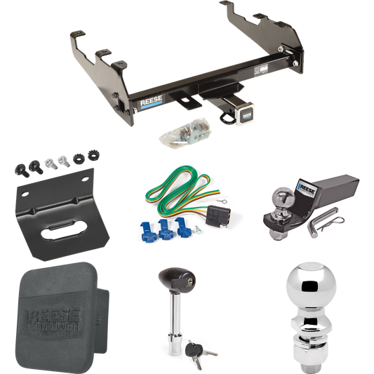 Fits 1968-1980 Dodge D200 Trailer Hitch Tow PKG w/ 4-Flat Wiring + Starter Kit Ball Mount w/ 2" Drop & 2" Ball + 2-5/16" Ball + Wiring Bracket + Hitch Lock + Hitch Cover (For w/Deep Drop Bumper Models) By Reese Towpower