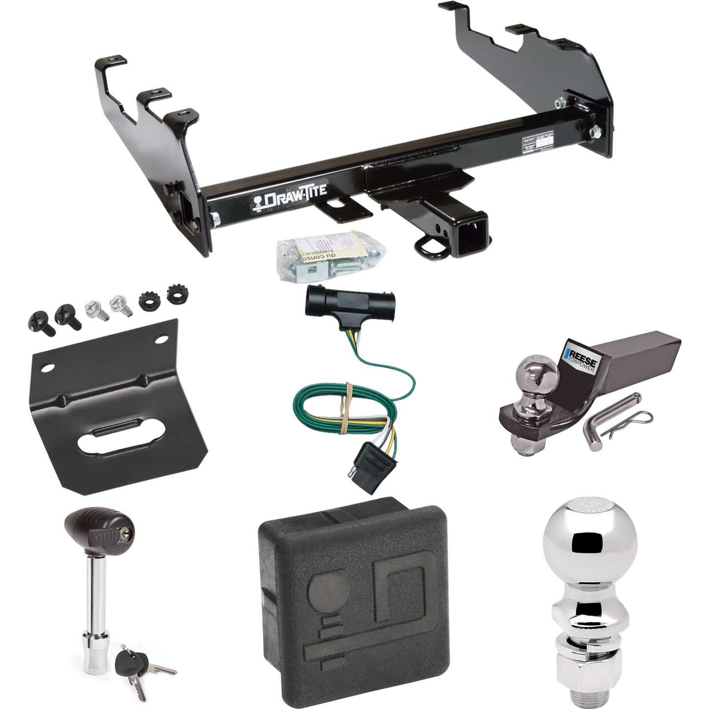 Fits 1975-1978 GMC K15 Trailer Hitch Tow PKG w/ 4-Flat Wiring + Starter Kit Ball Mount w/ 2" Drop & 2" Ball + 2-5/16" Ball + Wiring Bracket + Hitch Lock + Hitch Cover (For w/Deep Drop Bumper Models) By Draw-Tite