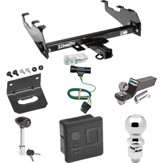 Fits 1975-1978 GMC K15 Trailer Hitch Tow PKG w/ 4-Flat Wiring + Starter Kit Ball Mount w/ 2" Drop & 2" Ball + 2-5/16" Ball + Wiring Bracket + Hitch Lock + Hitch Cover (For w/Deep Drop Bumper Models) By Draw-Tite