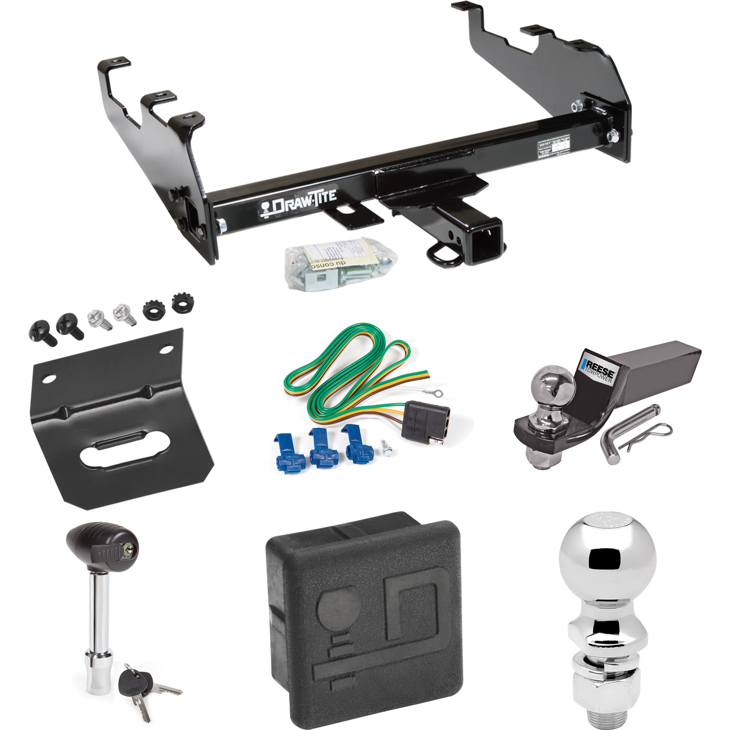 Fits 1963-1966 GMC 3000 Trailer Hitch Tow PKG w/ 4-Flat Wiring + Starter Kit Ball Mount w/ 2" Drop & 2" Ball + 2-5/16" Ball + Wiring Bracket + Hitch Lock + Hitch Cover (For w/Deep Drop Bumper Models) By Draw-Tite