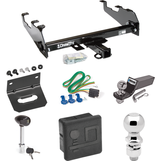 Fits 1963-1966 GMC 3000 Trailer Hitch Tow PKG w/ 4-Flat Wiring + Starter Kit Ball Mount w/ 2" Drop & 2" Ball + 2-5/16" Ball + Wiring Bracket + Hitch Lock + Hitch Cover (For w/Deep Drop Bumper Models) By Draw-Tite