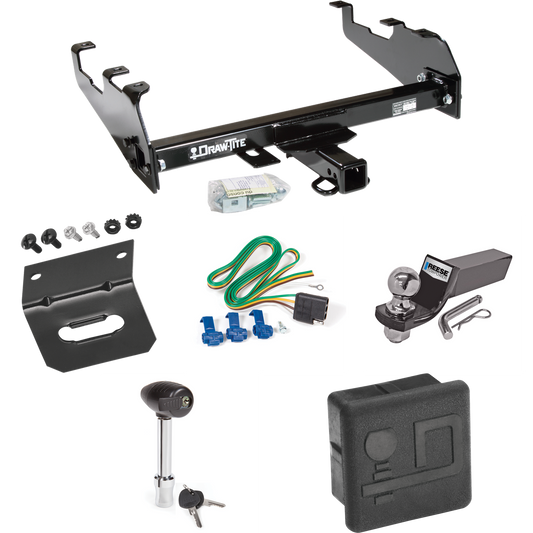 Fits 1963-1972 Chevrolet C10 Trailer Hitch Tow PKG w/ 4-Flat Wiring + Starter Kit Ball Mount w/ 2" Drop & 2" Ball + Wiring Bracket + Hitch Lock + Hitch Cover (For w/Deep Drop Bumper Models) By Draw-Tite