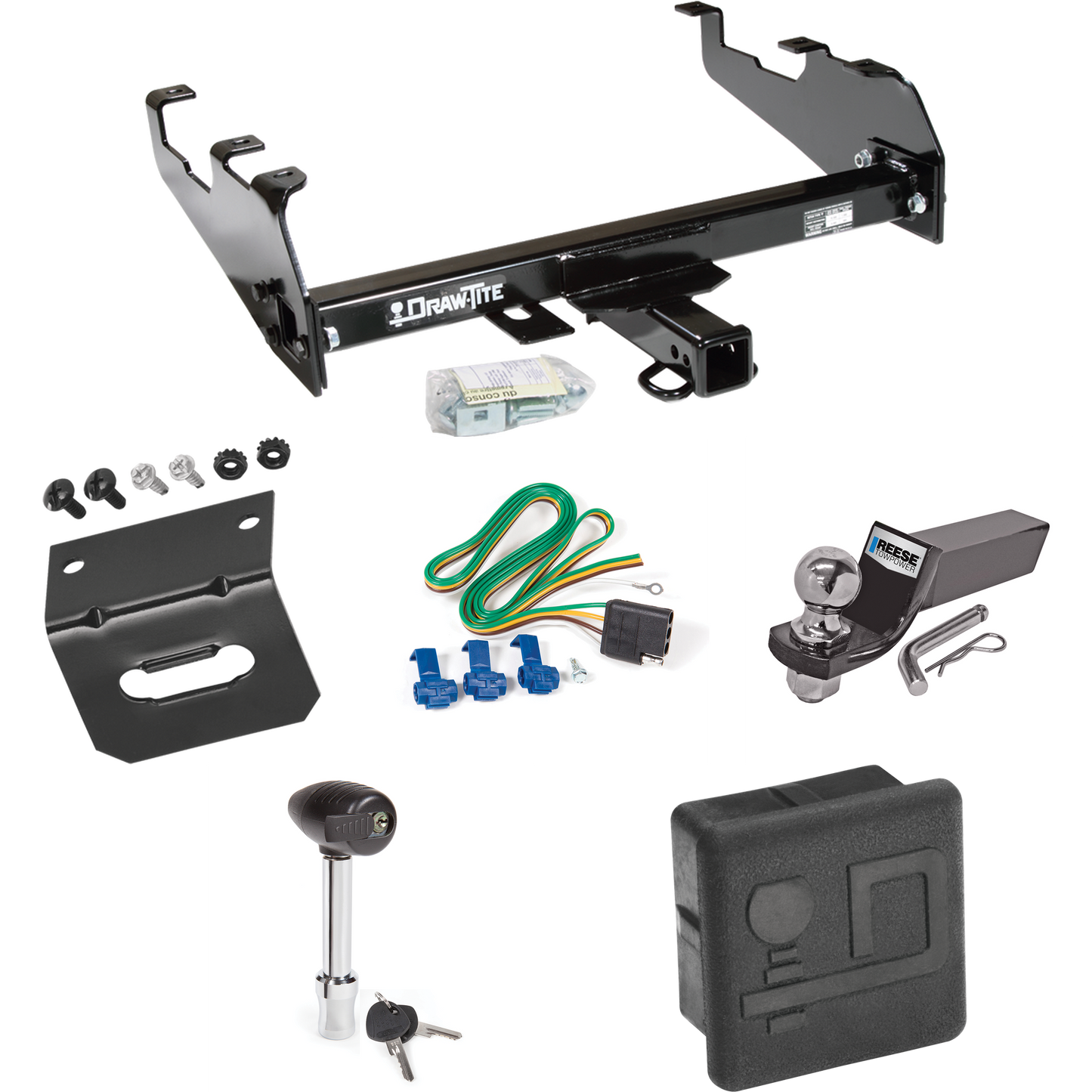 Fits 1988-1991 Chevrolet K2500 Trailer Hitch Tow PKG w/ 4-Flat Wiring + Starter Kit Ball Mount w/ 2" Drop & 2" Ball + Wiring Bracket + Hitch Lock + Hitch Cover (For Crew Cab, w/Deep Drop Bumper Models) By Draw-Tite