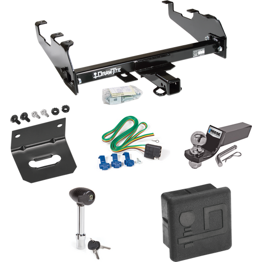 Fits 1978-1986 Ford Bronco Trailer Hitch Tow PKG w/ 4-Flat Wiring + Starter Kit Ball Mount w/ 2" Drop & 2" Ball + Wiring Bracket + Hitch Lock + Hitch Cover (For w/Deep Drop Bumper Models) By Draw-Tite