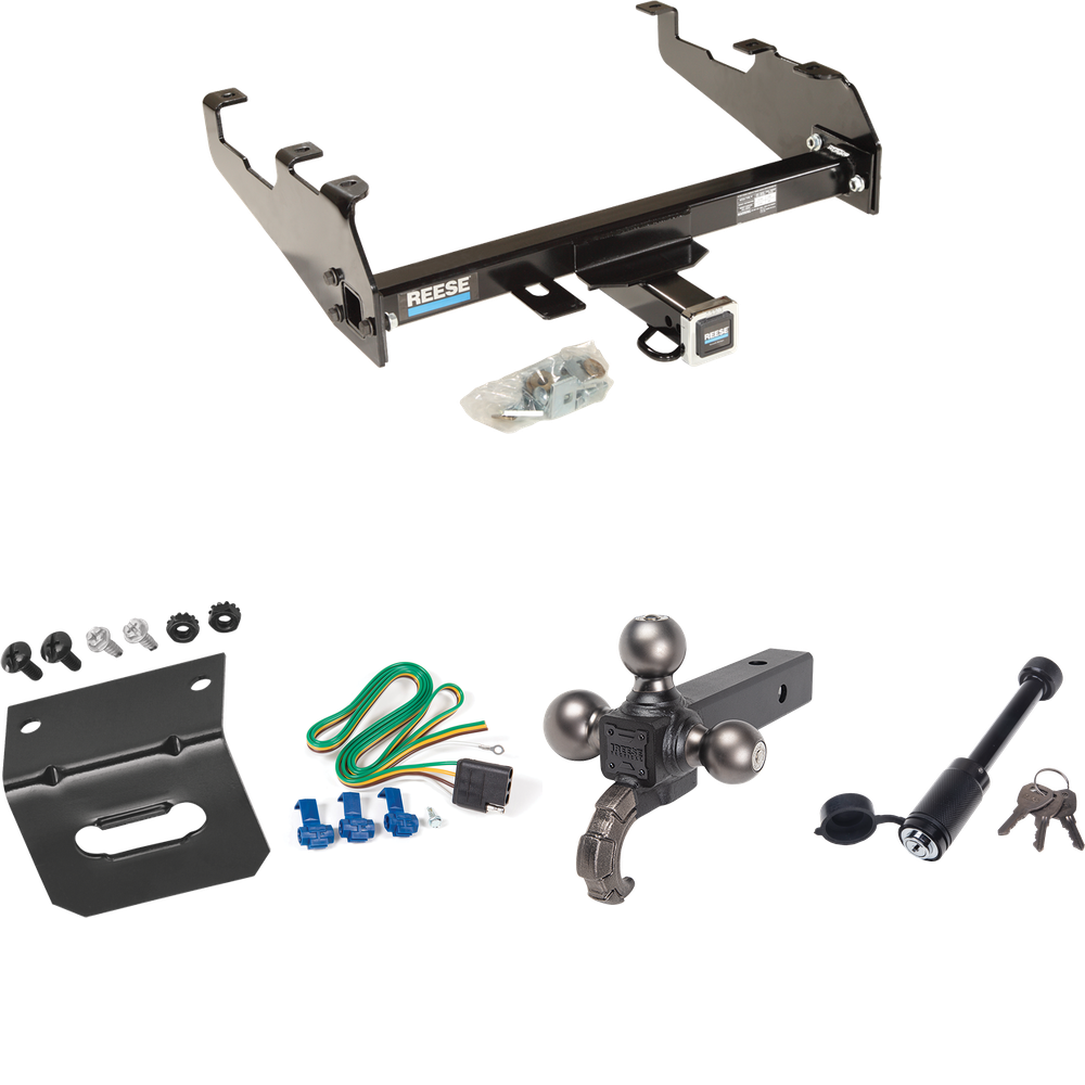 Fits 1985-1986 Chevrolet C30 Trailer Hitch Tow PKG w/ 4-Flat Wiring + Triple Ball Tactical Ball Mount 1-7/8" & 2" & 2-5/16" Balls w/ Tow Hook + Tactical Dogbone Lock + Wiring Bracket (For w/Deep Drop Bumper Models) By Reese Towpower