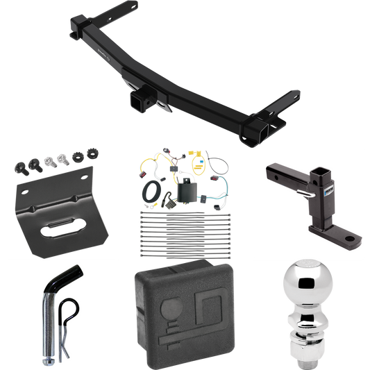 Fits 2014-2021 Jeep Grand Cherokee Trailer Hitch Tow PKG w/ 4-Flat Wiring + Adjustable Drop Rise Ball Mount + Pin/Clip + 2-5/16" Ball + Wiring Bracket + Hitch Cover (For w/Removable OEM Fascia Panel Only Models) By Draw-Tite