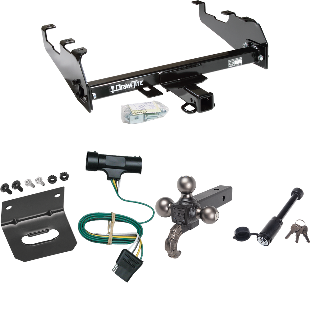 Fits 1977-1984 Chevrolet K30 Trailer Hitch Tow PKG w/ 4-Flat Wiring + Triple Ball Tactical Ball Mount 1-7/8" & 2" & 2-5/16" Balls w/ Tow Hook + Tactical Dogbone Lock + Wiring Bracket (For w/Deep Drop Bumper Models) By Draw-Tite