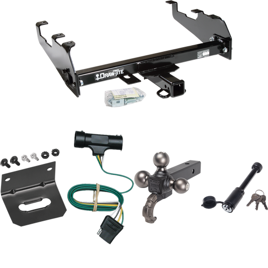 Fits 1977-1984 Chevrolet K30 Trailer Hitch Tow PKG w/ 4-Flat Wiring + Triple Ball Tactical Ball Mount 1-7/8" & 2" & 2-5/16" Balls w/ Tow Hook + Tactical Dogbone Lock + Wiring Bracket (For w/Deep Drop Bumper Models) By Draw-Tite