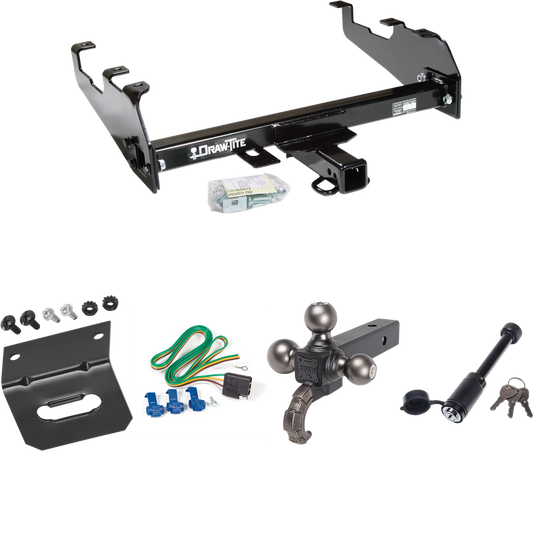 Fits 1994-1994 Dodge Ram 3500 Trailer Hitch Tow PKG w/ 4-Flat Wiring + Triple Ball Tactical Ball Mount 1-7/8" & 2" & 2-5/16" Balls w/ Tow Hook + Tactical Dogbone Lock + Wiring Bracket (For w/Deep Drop Bumper Models) By Draw-Tite